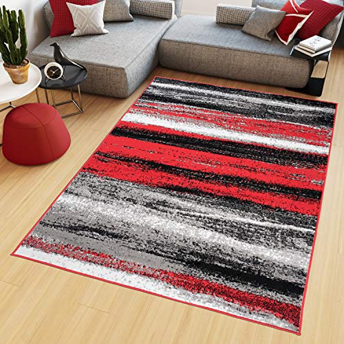 TAPISO Maya Teppich Kurzflor Modern Grau Creme Rot Schwarz Streifen Design Meliert Wohnzimmer Schlafzimmer ÖKOTEX 130 x 190 cm