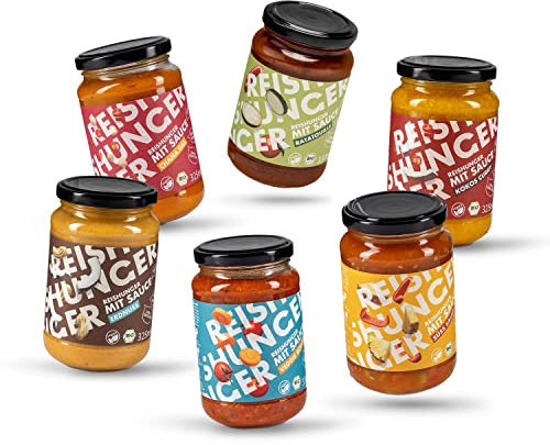 REISHUNGER BIO Fertigsauce 6er Probierset (4 x 325 ml, 2 x 320 ml) - 6 leckere Sorten: Erdnuss, Chana Dal, Süß Sauer, Kokos Curry, Ratatouille und Veggie Bolognese - Fertigsaucen ideal zu Reis