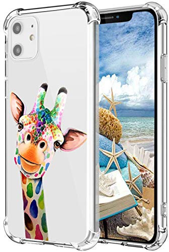 MAYCARI Cute Painting Giraffe Case Clear for iPhone 11, Animals Design Transparent Shockproof Anti-Scratch Soft Flexible TPU Cover with Air Cushion for Men&Women