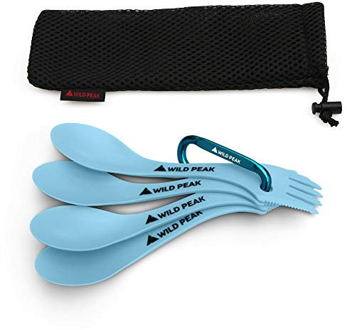 Wild Peak Contour Clip Plastic Spork - Lightweight & Strong All in one Spoon, Fork, Knife Cutlery Includes Carabiner Clip & Storage Bag ▲ (Sky Blue, 4 Pack)