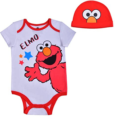 Sesame Street Baby s Short Sleeve Onesie with Cap, Elmo Bodysuit, Play or Nap Romper Set, Size 12M White