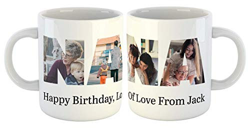 Personalised Photo Collage Coffee Tea Mug Cup with Four Pictures Inside Letters with a Special Message. 4 Pictures Inside Nana for Birthday's, Special Occasions etc
