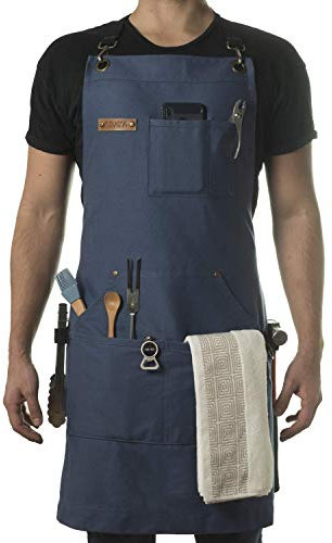 Asaya Chef, BBQ and Work Apron with Bottle Opener and Hand Towel -Durable 10oz Cotton Canvas,Brass Hardware, and Cross Back Straps-Perfect for Men and Women,Grilling, Cooking or in the Workshop(Blue)
