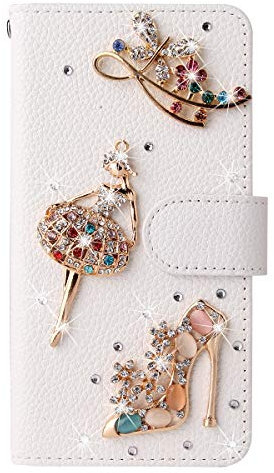 Awenroy Glitter Wallet Case for iPhone 6 Plus / 6S Plus Luxury Bling Rhinestones Diamonds Pattern and PU Leather Magnetic Flip Cover with Card Slots Holders Wallet Case - White