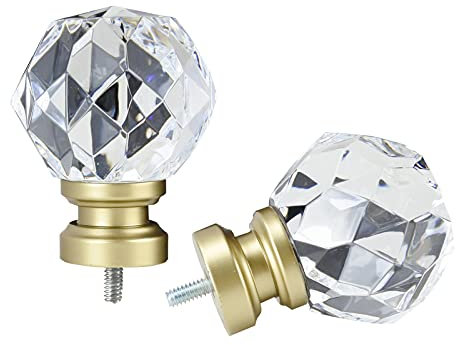 ILAISIHOME Dekorative Gardinenstangen-Endstücke, luxuriös, kristallklar, facettiert, rund, 2 Stück, kompatibel mit 2,5 cm oder 3,8 cm Durchmesser, eigenständiges Endstück, Gold