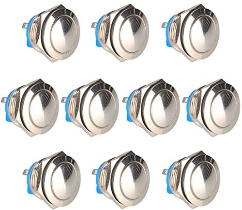 GUUZI 10pcs Pulsadores de Metal de Acero Inoxidable Impermeables Momentáneos de 19mm, 12V 24V 36DC, 110V 250VCA 3A, 1 NO SPST (Superficie Esférica)