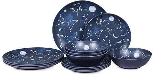 Gofunfun 12 Piece Melamine Dinnerware Sets for 4 - Starry Pattern Camping Dishes Set for Indoor and Outdoor Use, Dishwasher Safe Plates and Bowls Sets, Dark Blue