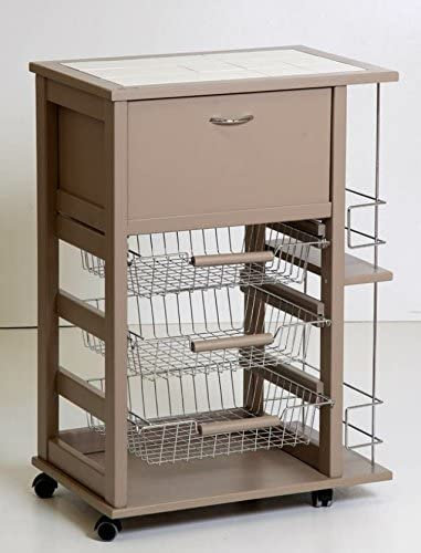 Totò Piccinni Carrellino in Legno da Cucina con Rotelle Mattonelle e Cestelli in Acciaio (con Portapane e Bottigliera, Fango)