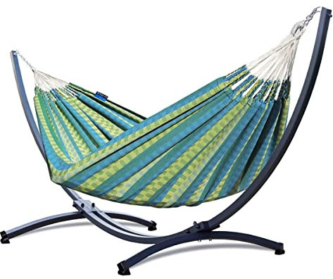 Potenza Outdoor Hängematte mit Verzinkter Gestell für 2 Personen I 100% Baumwolle Morena Doppelhängematte 230x160 cm, 220kg I Hängemattengestell 220kg, wetterfest (Grün, Basic Gestell Graphit)