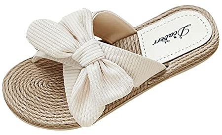 PAIDAXING Chaussons tendance pour femme - Espadrilles en paille avec nœud - Sandales de plage à fond plat - Semelles épaisses en mousse à mémoire de forme pour femme, beige, 38 EU