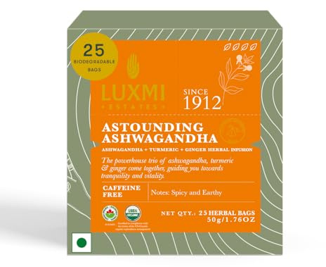 Luxmi Estates Ashwagandha Turmeric | Organic Adaptogen Tea with Ashwagandha, Turmeric, Ginger, Lemongrass, Licorice & Moringa, Caffeine-Free | 25 Biodegradable Tea Bags | 50g/1.76oz