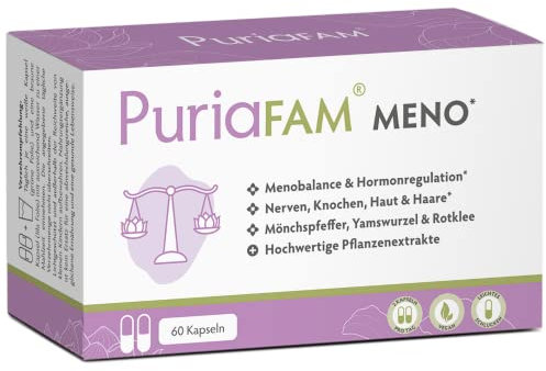 PuriaFAM Meno - 60 Wechseljahre Kapseln pflanzlich - Yamswurzel Mönchspfeffer, Reishi, Rotklee - Menopause Tabletten