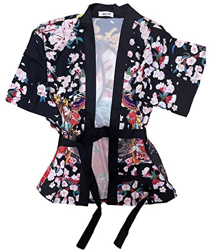 Cardigan kimono imprimé châle japonais pour femme - Haut ample à manches 3/4, Noir # 5, taille unique