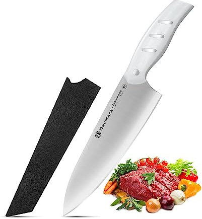 OREMAKE Sheepdog 8-inch coltello da cucina occidentale,Le lame sono realizzate in acciaio Sandvik 14C28N importato dalla Svizzera,Impugnatura ergonomica in G10（Bianco）