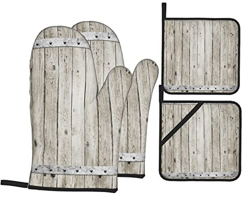 Lot de 4 gants de four et maniques pour casseroles, porte de clôture en bois rustique avec texture métallique sur le thème du pays de l'Ouest, coussins chauds résistants avec gants de barbecue antidér