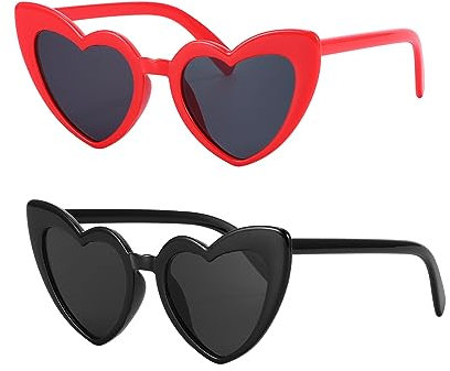 OUZHOU Herz Sonnenbrille 2 Stück Herzbrille Herzen Sonnenbrillen Retro Herzform Party Brille Katzenaugen Sonnenbrille für Damen Frauen (Schwarz und Rot)