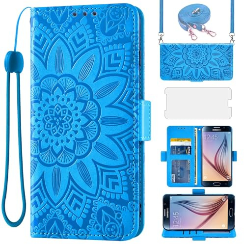 Asuwish Handyhülle für Samsung Galaxy S6 Hülle mit Band und Glas Folie Schutzfolie Kartenfach Klappbar Leder Geldbörse Ständer S 6 6S SM-G920F Handy Hüllen Blumen Schutzhülle Cover Phone Case Blau