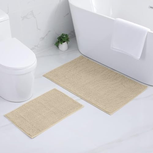 Homaxy Chenille Badezimmerteppich Set 2 teilig rutschfeste Badematte Set Weich Saugfähige Badteppich Set Waschbar Badvorleger - 40x60 cm+60x90 cm, Beige
