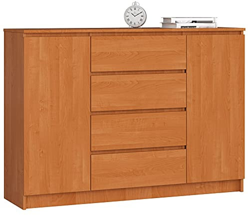 AKORD Kommode K 140 cm 4 Schubladen und 2 Türen | zum Wohnzimmer Schlafzimmer Arbeitszimmer | Modernes funktionales Design | Schichtstoffplatte Erle Farbe