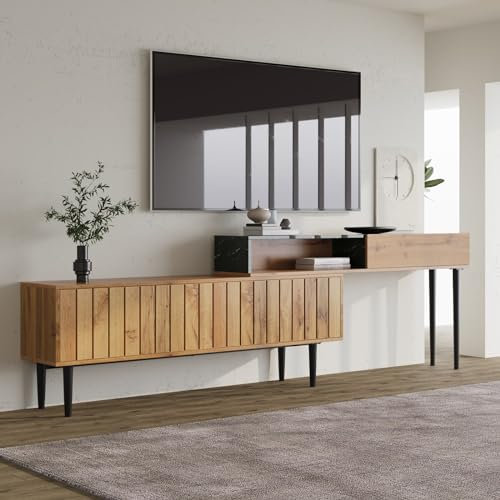 AMDXD Support TV moderne avec design en marbre et grain de bois, bord en PVC, pieds en fer, couleur bois foncé, décoration de la maison, peu encombrant, durable et durable