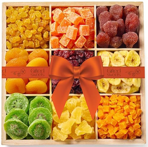 Dried Fruit Gift Basket - 9 Varieties - Reusable Wooden Crate - All Natural Gourmet Dried Fruits - Food Tray for Birthday, Care Package, Corporate, Get Well, Sympathy