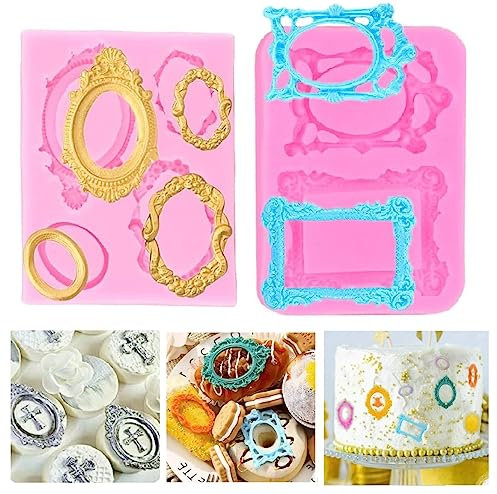ELINKA 2 Pièces Décor Moule Fondant Miroir Cadre Photo Silicone Gâteau Moule Outil Silicone Moule Dentelle Forme,Coupe Gâteau Nuage, pour Salle de Cuisson, Café, Décoration de Gâteaux