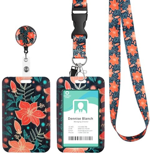 Porte Badge avec Cordon Tour de Cou, Lanyard Strap Neck avec Swivel Lobster Clasp, Porte Carte pour Bureau École, Carte de Bus (FLEUR ROUGE)