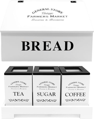 Maison Des Cadeaux Retro White Tea, Coffee & Sugar Jars with Bread Bin, Wooden Storage Box Set, Countertop Kitchen Spice Storage Bundle