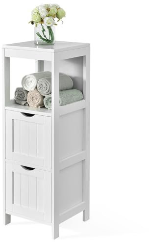 COSTWAY Badschrank schmal, Badezimmerschrank mit 2 Schubladen & offenem Fach, Badkommode modern, Aufbewahrungsschrank Schrank für Badezimmer & Wohnzimmer, 30 x 30 x 90 cm, weiß