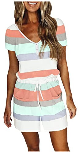 liaddkv Sommer-Overall für Damen, gestreift, lässig, mit kurzen Ärmeln, Kurzarm-Overall-Shorts Kostüm Kindheitshelden Damen (Pink, L)