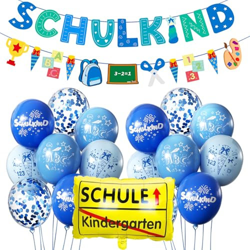 SCHULKIND Deko Einschulung Junge, Einschulung Schuleinführung Schulanfang Deko Set, Girlande Schulanfang + Zuckertüten Banner + 16 Luftballon mit ABC 123 Schultüte Motiv Konfetti Folienballon