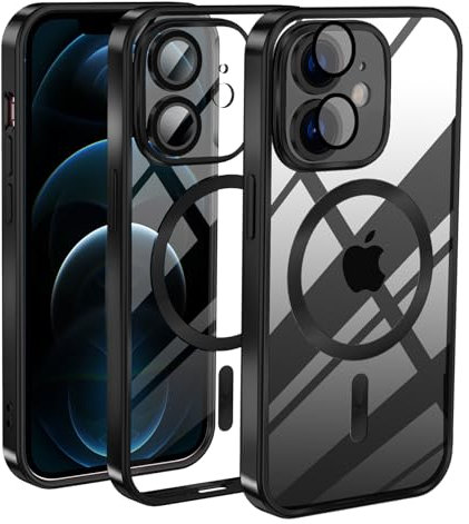 Cover Magnetica per iPhone 12, Custodia Compatibile con MagSafe, Protezione Antiurto di Livello Militare Telefono Silicone [Copertura della fotocamera], Nero Trasparente