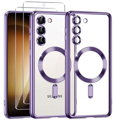 Phoona Cover Placcatura per Samsung Galaxy S23 5G 6,1 Pollici, Obiettivo per Fotocamera Protezione Completa e 2 × vetro temperato, Compatibile con MagSafe Ricarica Wireless, Viola
