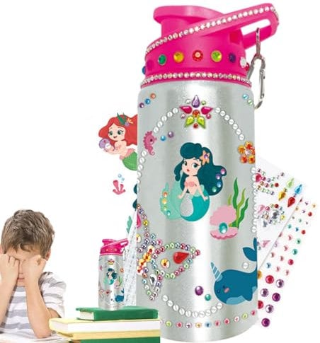 Decorate Your Own Water Bottle Craft Kit, Kids Water Bottles for Girls, Children's Water Bottle with Glitter Stickers, Crafts Set for Girls Decorate Water Bottle with Glitter Gem Stickers Mermaid