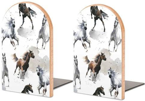 Tilivyx 1 Paire De Serre-Livres, pour La Décoration Intérieure, Design en Bois, Salon, Bureau, Cuisine, Serre-Livres Antidérapants Aquarelle Cheval 12.8 * 8.0 * 2.5 cm
