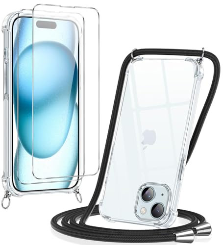 Pnakqil Handykette Hülle für iPhone 15 Hülle mit Band + 2 Stück Glas Schutzfolie Transparent Silikon Handyhülle mit Kette Schutzhülle für iPhone 15 Schwarz