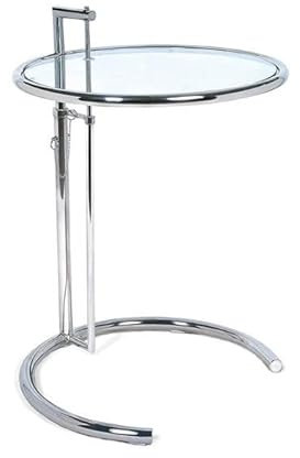 MAESTRO FERRETERO MF- Mesa Auxiliar Modelo EG New, Estructura de Acero Inoxidable con Acabado Pulido, Tapa de Cristal, Diámetro 50 cm - Diseño Regulable en Altura y Elegante
