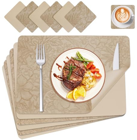 FJNATINH Tischsets, Platzsets Abwaschbar, Tischset Blumen rutschfest Platzdeckchen, Abwischbar Doppelseitigen Platzset 6 Set, mit Untersetzer, 43x30cm, für Küche, Esszimmer(braun)