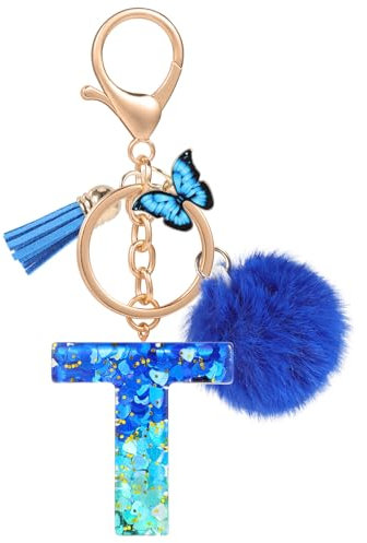 MWOOT Nom Lettre initiale T Porte-clés, Bleu Porte-clés pour Femme, Charmes en Résine Pour Clé Porte Clef Voiture Décor Sac à main