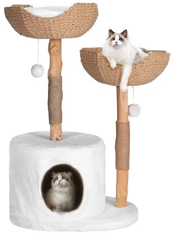 36 Luxury Cat Tree Real Branch, Cat Tree Tower for Large Cats, Modern Wood Cat Scratching Tree with a Condo, Plush Perches, Sisal Scratchers and Hammocks