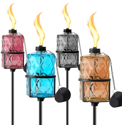 ZSPENG Bunte Glas-Gartenfackel, 340 ml, Outdoor-Fackel, Gartendekoration, 152,4 cm, verbesserte Citronella-Fackeln mit 3 Zinken, Erdspieß für Party, Terrasse, Weg, 4 Stück