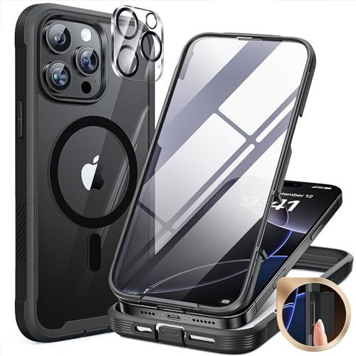 Miracase 360 Grad für iPhone 16 Pro Hülle mit Magsafe, Eingebaut Glas Schutzfolie, Komplettschutz HandyHülle Magnetisch Stoßfest Case für iPhone 16 Pro Schutzhüllen 6,3 Zoll, Schwarz