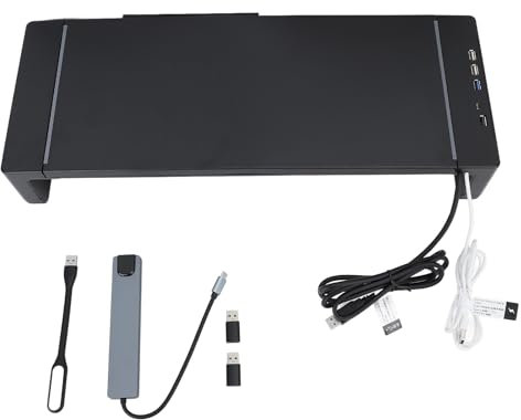 flexman Supporto da Scrivania Regolabile per Computer, Ricarica Rapida USB 3.0, Carico di 25 Kg, Supporto per Monitor RGB con Espansione 8 in 1 con Supporto per Telefono a Cassetto