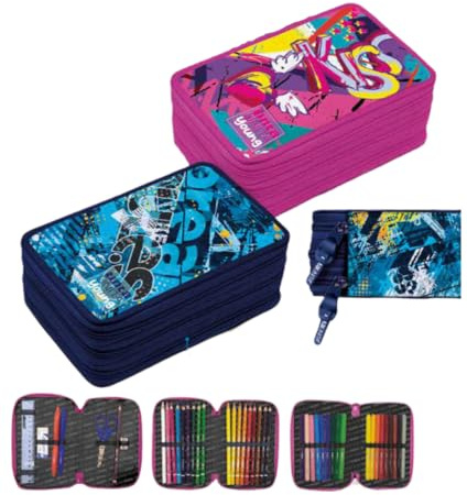 Tinta Unita Astuccio Tre Zip Versione Teen, Blu e Rosa, per Scuola, Nuova Collezione (Rosa)