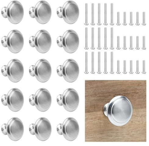 15PCS Cabinet Door Knobs, 27mm Silver Round Brushed Metal Knobs, Drawer Pull Handle with 30 Long Short Screws for Cabinets, Drawers, Wardrobes, and Kitchen Cupboards Furniture