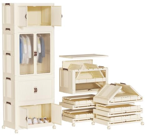 Heikoeco® Kinderkleiderschrank mit Stabiler Kleiderstange, Faltbarer & frei kombinierbarer Kleiderschrank Weiss auf Rollen, Kleiderschrank klein aus hochwertigem PP (65cm breit, 4Fächer)