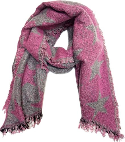 J26 XXL Stern Wendeschal Star Unisex Wolle Warmer Winter Schal Stola Tuch mit Fransen kuschelig (Pink)