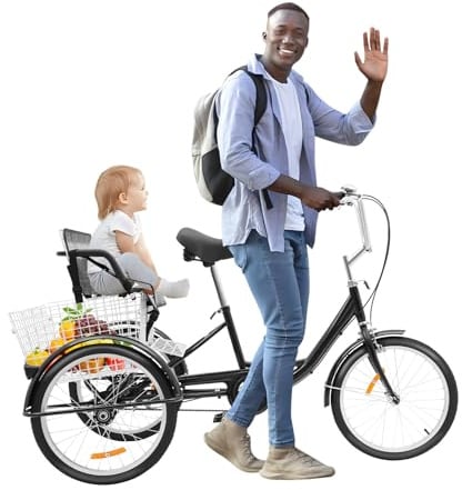 Tenddya 20 Zoll Dreirad für Erwachsene, 3 Rad Cruiser Fahrrad mit Korb & Kindersitz, Verstellbarer Tricycle Fahrrad Einkaufs Lastenfahrrad für Erwachsene und Senioren