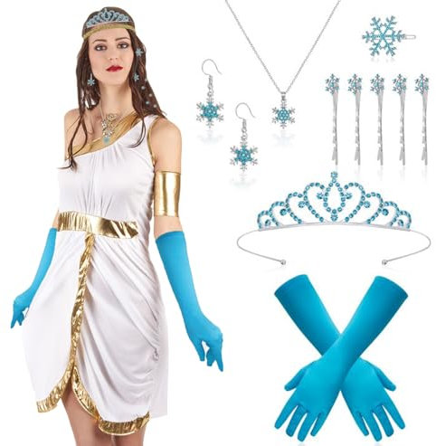 Complete Princess Costume Set for Women and Girls, Includes Crown, Gloves, Snowflake Earrings & Hair Accessories, Frozen Inspired Snowflake Theme for Halloween and Carnival Parties ELSA Kostüm Damen