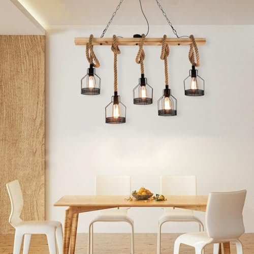 Vintage Pendelleuchte Holz Hängeleuchte Esstischlampe E27*5 Kronleuchter Höhenverstellbar Hängelampe Hanfseil DIY Verstellbare Industrial Retro Eisen Pendelampe Wohnzimmer Küche Bar Deckenleuchte